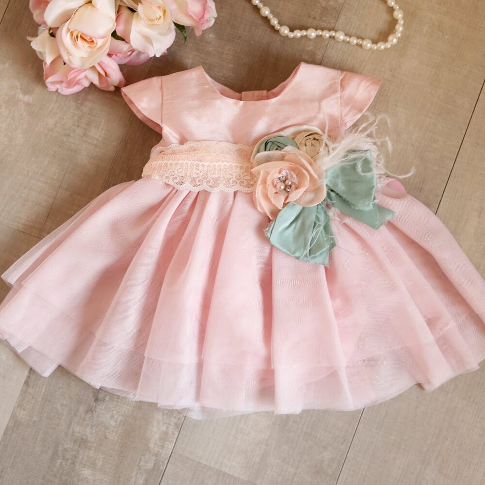 Blush Pink Silk and Tulle Romper Dress Boutique Haute Baby 0/3 Months NWT